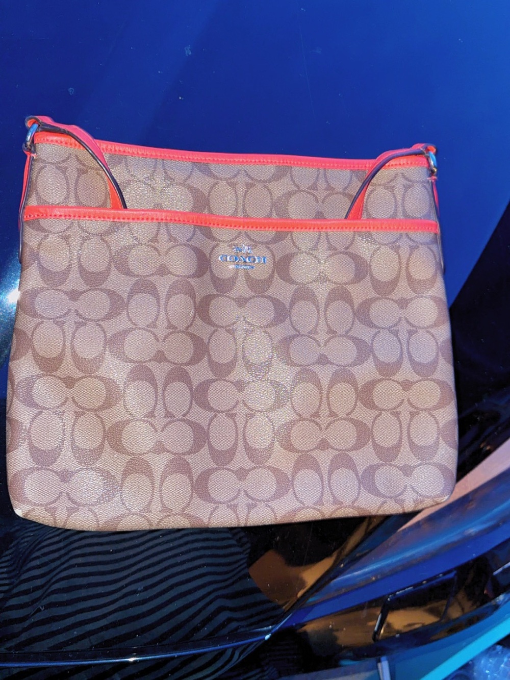 Coach Signature File Crossbody Bag Brown Canvas Pink Leather Trim